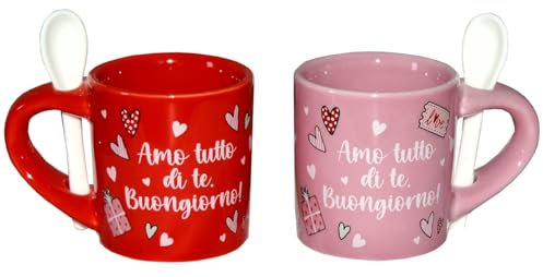 Coppia Tazzine Caffè Lui Lei Ti Amo con Cucchiaino, Tazza Tazzina caffè San Valentino per Lui per Lei, Set Tazzine Caffè, Ceramica, AMO TUTTO DI TE