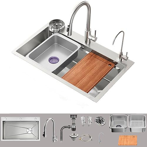 Waschbecken Küche,Spülbecken Edelstahl Multifunktions Luxus Küchenspüle,Spüle Schwarz Einbauspüle Praktische intelligente Spülen mit Zubehör,Unterbauspüle,Küchenarmaturen mit Zugbrause(65 * 45cm)