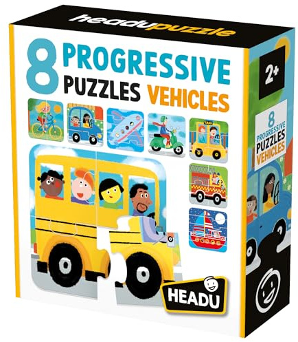 HEADU - 8 Progressive Puzzle Vehicles - Große Teile für die Kleinen - Lernpuzzle für Kinder von 2 bis 4 Jahren, Made in Italy | IT60957
