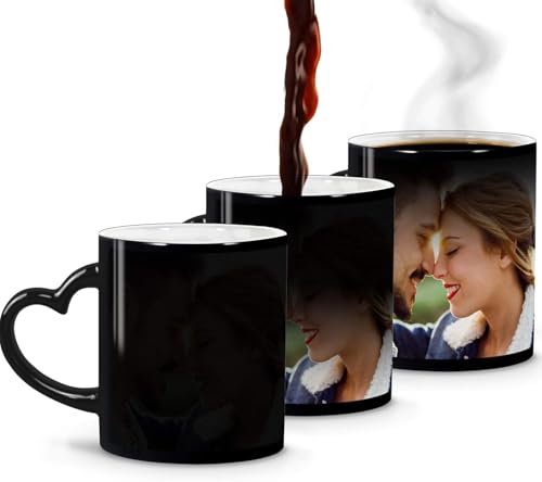 Custom Heat-Sensitive Magic Coffee Mug with Heart Handle, Photo Personalization, Black Ceramic