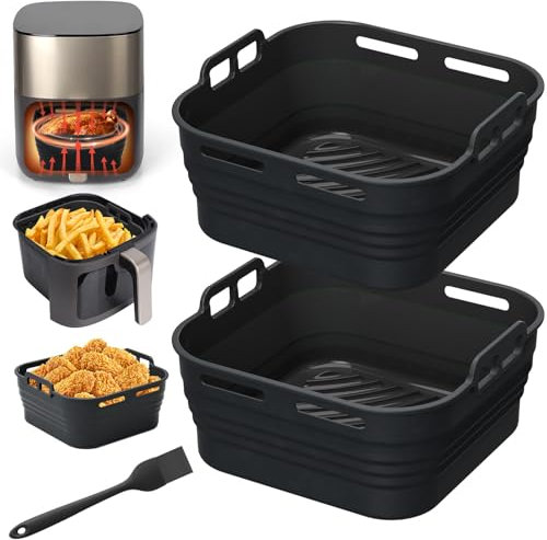 Alyvisun Silicone Oil Brush, 2PCS Airfryer Liners Foldable Baking Trays Reusable Air Fryer Rack Versatile Accessories Baskets Square Inserts for Microwave, Oven