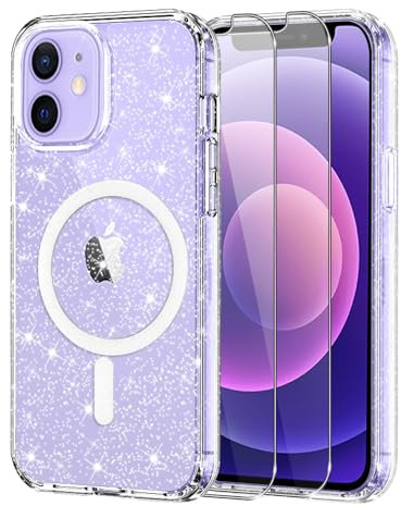 Knrlqim Magnetisch Handyhülle für Apple iPhone 12 mini Hülle mit 2 Stück Schutzfolie Schutzglas,Glitzer Klare Schutzhülle [Kompatibel mit MagSafe], TPU Stoßfeste Silikon Transparent Hülle