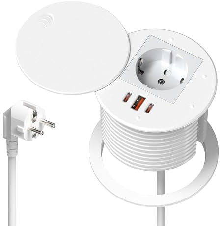 Enchufe empotrable con USB C PD 35 W, Sewingvr con Tapa, Enchufe retráctil con 3 USB, Cable de 1,8 m, Color Blanco