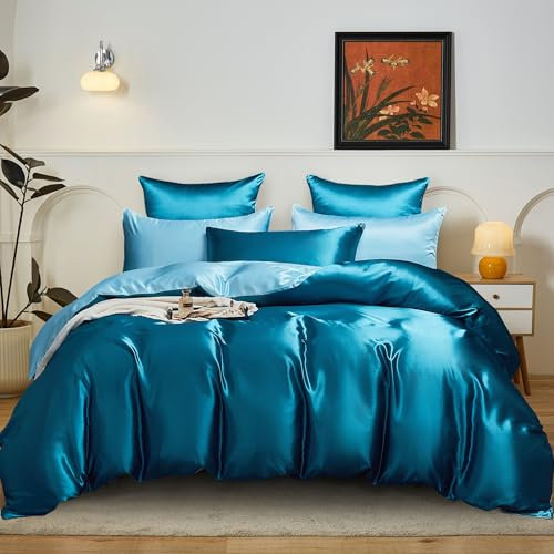YASMENG Satin Bettwäsche 155x220 Petrol Hellblau Wendebettwäsche Seide Bettbezug Set Glatt Glänzend Deluxe Weich Seidig Satin Bettwäsche 3teiling mit Reißverschluss und 2 Kissenbezüge 80x80 cm