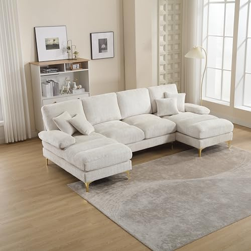 MURUL Sofá seccional moderno de chenilla grande en forma de U, con doble asiento, para salón, dormitorio, oficina, apartamento, villa, sala de estar, chimenea, hogar (beige)