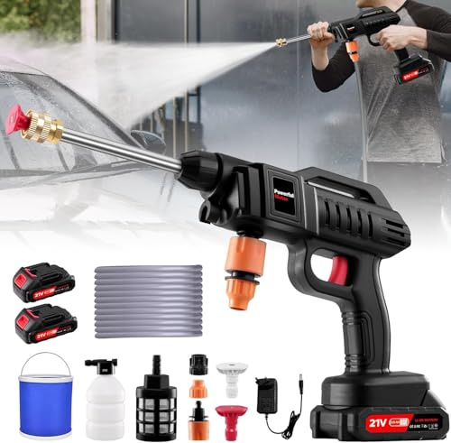Hidrolimpiadora de Alta Presión,60 Bar/870 PSI Hidrolimpiadora Portátil, 21V con 2 Baterías Recargables,Manguera 5M, para Coche,Terraza,Jardín