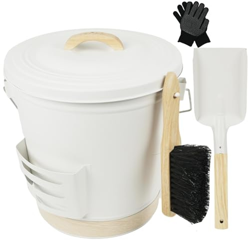Ash Bucket with Lid and Shovel, Hand Broom and Stick, 5.2 Gallon Large Metal Ash Bucket for Fireplace Tools Set, Fire Pits, Wood Burning Stoves, Indoor and Outdoor, Camping, Grill, Cream White