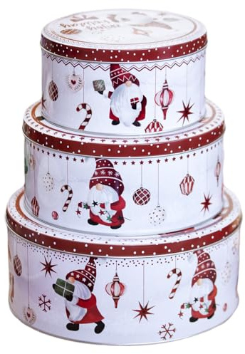Christmas Nesting Cake Tins, Set of 3, Gonk Design, 20/17/15 cm, Metal Storage Containers with Airtight Lids, Red and White
