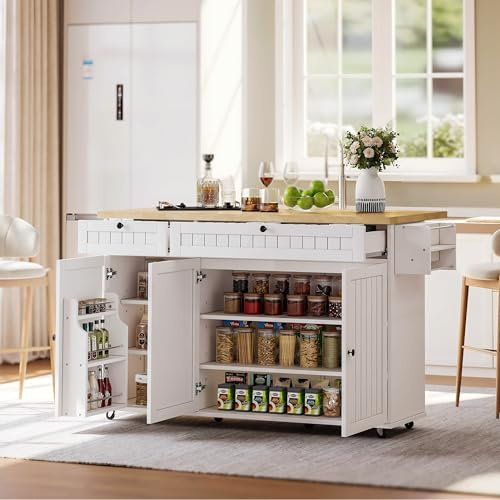 Soweiz Isla de cocina con encimera plegable, armario de cocina con 6 ruedas bloqueables, con estante, estante para puerta, 2 cajones grandes y armario, 137 x 89,5 x 45 cm (blanco)