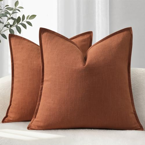 YCOLL Kissenbezug 50x50 2er Set Gemütliche Weiche Natur-Leinen Kissenhüllen Einfarbige Sofakissen Moderne Kissenbezüge mit Kante Dekokissen für Couch, Bett Wohnzimmer Dunkelorange