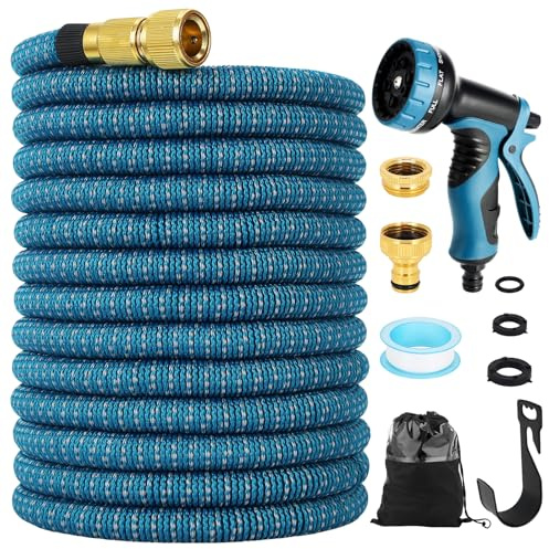 Gartenschlauch 75FT mit 3/4-Zoll- und 1/2-Zoll-Zubehör, 10 Funktionsschlauchsprühpistolen, leichter elastischer Schlauch für Gartenbau, Autowäsche und Bewässerung (75FT)