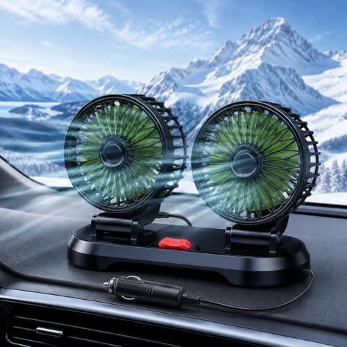 Shengruili Auto Ventilator,12V Doppelkopf Ventilator Auto,360 ° Drehbarer Doppelköpfiger Ventilator,Auto Kfz Lüfter,Autolüfter,Auto Ventilator für Rücksitz,RV, LKWs, SUV