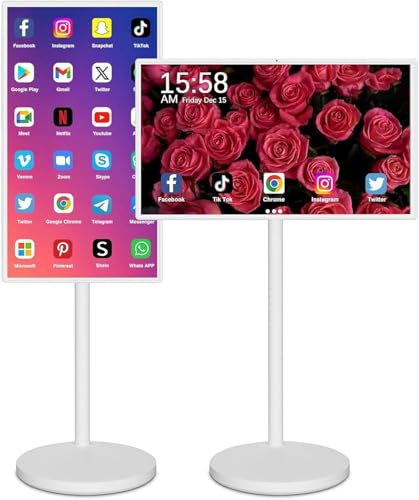 Portable TV Smart Screen with Remote Control, Mobile TV Stand | Standing Touch Screen Monitor | Wireless Rolling TV on Wheels | Built-in Battery Full Swivel Rotation 1080P Android(8+128G,27IN)