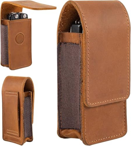 Knife Pouch, Leather Pocket Knife Sheath for Leatherman Daily Carrying | Additional Side Elastic Slots, Can Attach to Waist Blet, Strong Magnetic Closure, Multitool Sheath for Outdoor EDC Carrying