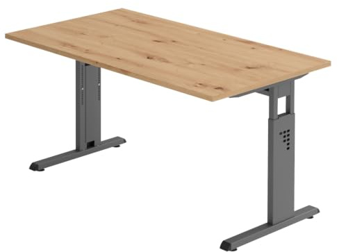 bümö höhenverstellbarer Schreibtisch O-Serie 140x80 cm in Asteiche, Gestell in Graphit - PC Tisch für's Büro manuell höhenverstellbar, Computertisch verstellbar