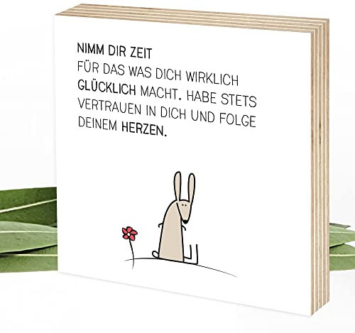 Wunderpixel® Holzbild Nimm dir Zeit Hase - 15x15x2cm zum Hinstellen/Aufhängen, echter Fotodruck mit Spruch auf Holz - schwarz-weißes Wand-Bild Aufsteller zur Dekoration Zuhause/als Geschenk