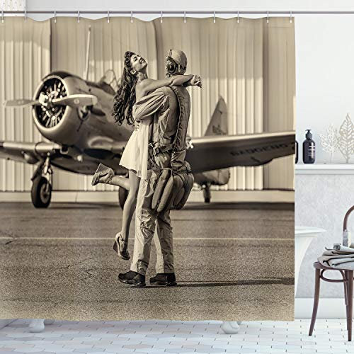 ABAKUHAUS Flugzeug Duschvorhang, Heimkehr, Stoffliches Gewebe Badezimmerdekorationsset mit Haken, 175 x 200 cm, Sepia