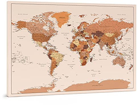 Trip Map Pinnwand Weltkarte - Leinwand Weltkarte Pinnwand mit Pins - Braun Farbe - zur Personalisierung - Gerahmte Weltkarte zum Pinnen - 150x100 cm; 120x80 cm; 100x70 cm Größen