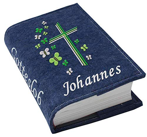 Gotteslob Gotteslobhülle Hülle Kreuz Schmetterlinge grün Filz Namen bestickt Einband Umschlag personalisierte Gesangbuchhülle, Farbe:dunkelblau meliert