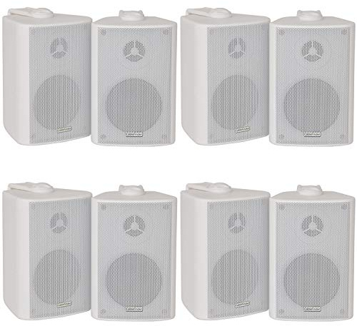 Loops 8x (4 Pairs) - 70W 2 Way White Wall Mounted Stereo Speakers & Brackets - 3” 8Ohm - Compact Background Music Loudspeakers For HiFi Surround Sound & Streaming