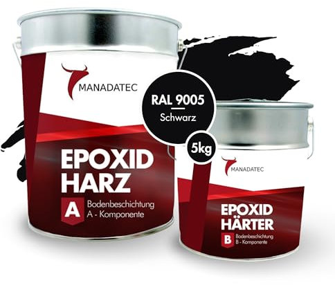 MANADATEC 2k Epoxidharz Bodenbeschichtung 5kg I RAL 9005 Schwarz I Lösemittelfrei, Umweltfreundlich & Geruchsneutral I Beschichtung für Garagen- & Kellerböden I Hohe Schlagfestigkeit