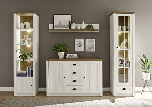 Wohnzimmerset Wohnwand Tesorino V Dekor Pinie Weiß Applikationen Eiche hell 270(230) x198x43cm Wohnen Anbauwand Fernsehwand Wohnzimmermöbel Schrank Beleuchtung mit Beleuchtung