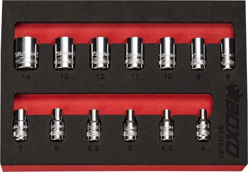 1/4 Dr Socket Set 6Pt Standard Length 4-14mm 13 Pcs in Foam Tray BOXO BX259-R2