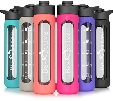 Be-Active Glass Water Bottle 700ml Flip Top with Times to Drink | Borosilicate Glass | Motivational bottles | BPA Free | Eco Friendly (Coral)