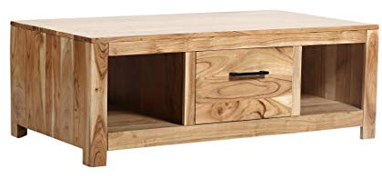 SAM Couchtisch Sarah, Akazienholz massiv & naturfarben, Beistelltisch mit 2 offenen Fächern & Einer Schublade, schwarzer Griff, 118 x 65 x 42 cm