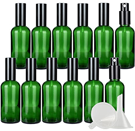 ZEOABSY 12 Pcs 100ml Empty Green Glass with Fine Mist Spray Bottles Travel Portable Small Refillable Sprayer Bottles with Black Pump Head for Cosmetic Perfume Containers, with 3X Funnel