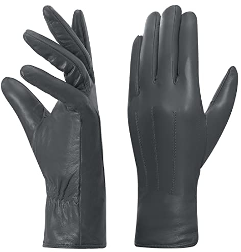 Harssidanzar Leder handschuhe für Damen, Winter Warm Fleecefutter Touchscreen Vintage Finished GL018EU,Grau,Größe M