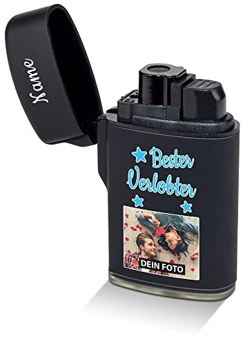 PR Print Royal Feuerzeug selbst gestalten - mit Name & Bild Bedrucken - Bester Verlobter - Sturmfeuerzeug, Flüssiggas nachfüllbar I Foto-Geschenk Personalisiert - Schwarz gummiert