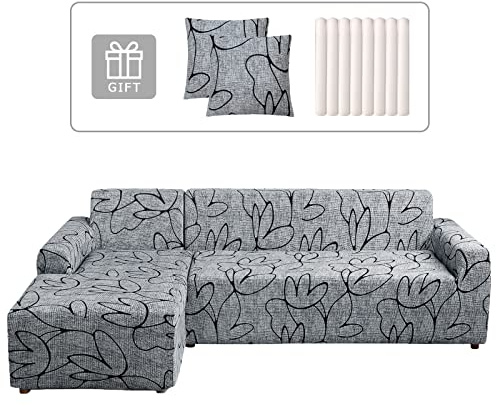 Lydevo Sofabezug Ecksofa L Form Sofa Überwürfe Stretch Sofabezug L Form Rechts oder Links mit Zwei Kissenbezügen Waschbar Universal-Couchbezug L Form Sofa Cover L Shape(1 Sitzer+2 Sitzer,Graue Blume)