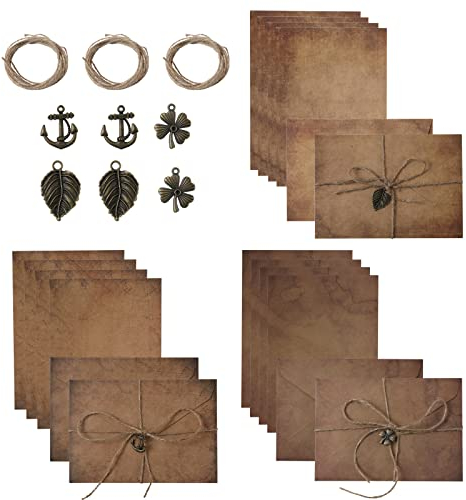 SAVITA Set of 30 Vintage Envelopes and Antique Papers, 16.5 x 11.5 cm, 6 x Antique Envelopes and 12 x Antique Paper with 6 x Hemp Ropes, 6 x Metal Charms for Writing (Style 1)