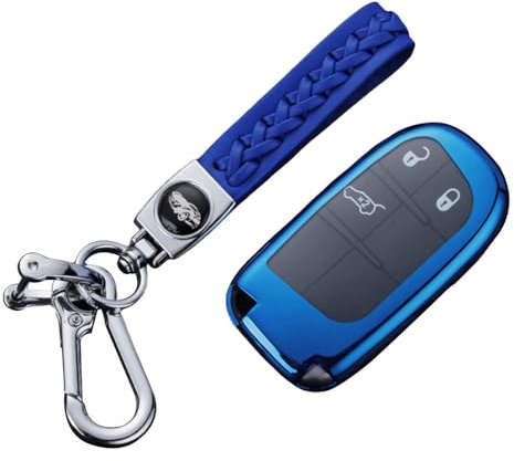 ontto Autoschlüssel Hülle Passt für Grand Cherokee Compass Dodge Ram 1500 Journey Renegade Dodge FIAT 500X Fernbedienung Cover TPU Schlüsselhülle Schlüsselanhänger Schlüssel Schutz Etui -Blau