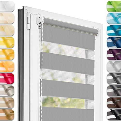 Estika Doppelrollo Klemmfix ohne Bohren - 55 cm x 120 cm - Grau - 27 Stofffarben, Tag und Nacht Duo Rollo, Rollos für Fenster ohne Bohren, Fenster Sichtschutz (55 cm Stoffbreite)