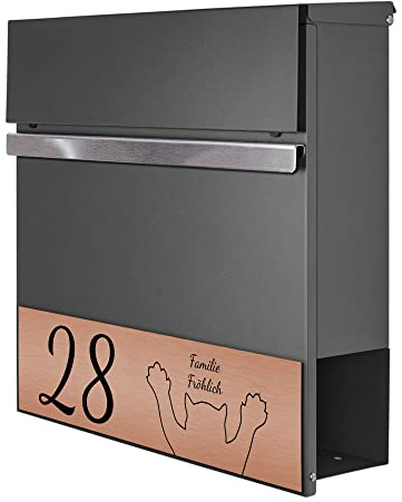 banjado® Briefkasten mit Namensschild in Kupfer personalisiert/Briefkasten Anthrazit mit Zeitungsfach 37x37x10,5 cm cm groß/Postkasten A4 Einwurf inkl. Montagematerial & 2 Schlüsseln