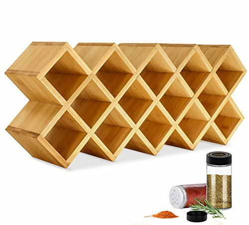 Bamboo Criss Cross Spice Rack Organizer for Cabinet, Wood Seasoning Rack Spice Holder, 18-Jar Spice Rack Tower Spice Storage for Kitchen Countertop Drawer-Jars Not Included