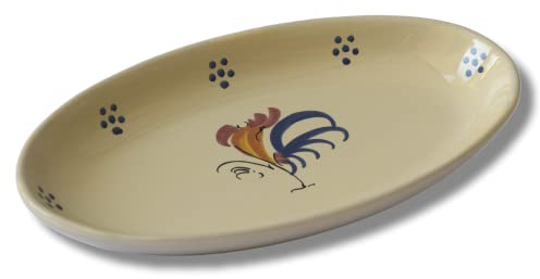 Colì Assiette de service ovale ligne Coq, Vaisselle en terre cuite, Plat à four pour viande, poisson, apéritifs, desserts - longueur 34 cm, fabriqué en Italie