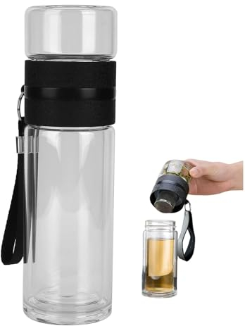 Cyrank Glas Tee Infuser Flasche, 500ml Tee Infuser Becher Doppelwand Wasserflasche mit Infuser Portable Reise Tumbler Becher Klare Reise Cup Lose Blatt Tee Tasse Diffusorflaschen für Büro