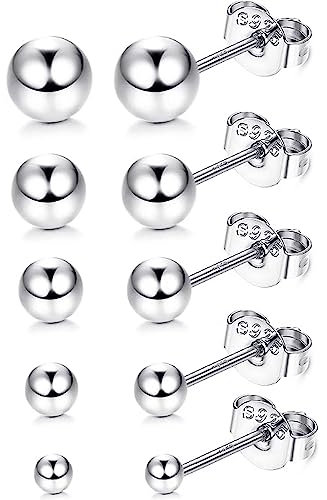 YOXUA 5 Pair Silver Gold Rose gold Ball Earring Set, Stainless Steel Round Ball Earrings For Women's Men's Girls jewellery 3mm-8mm, (5 pieces) (silver)