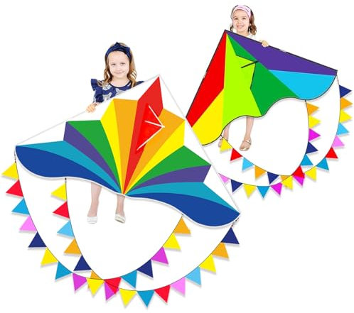 Flying Hoofer 2 Pack Regenbogen Delta Drachen Flugdrachen für Kinder und Erwachsene,Großer Strand Kinderdrachen,extrem einfach zu fliegen für Jungen und Mädchen, inklusive 300ft Drachenschnurgriff.
