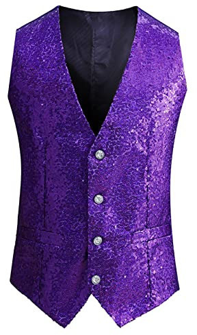 Caxndycing Gilet da uomo con paillette, da discoteca, costume da discoteca, con scollo a V, con brillantini, per feste, carnevale, per serate, matrimoni, palcoscenici, balli, Lilla, M