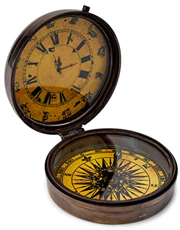 NKlaus Kompass mit Uhr, Messing antik, 8cm, Taschen- und Peilkompass