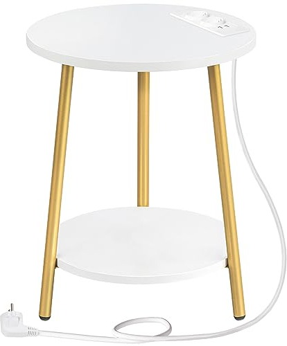 HOOBRO Beistelltisch mit Ladestation, runder Couchtisch mit 2 Ebenen, Wohnzimmertisch, Nachttisch für kleine Räume, Sofatisch für Wohnzimmer, Schlafzimmer, Weiß und Gold EDW67CBZ01
