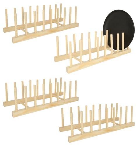 YOUNTHYE 4PCS Dish Rack Wooden Plate Rack Stand, Dish Rack Drainer Wooden Pot Lid Holder Dish Drying Rack for Kitchen Cupboards, Bowl, Cup, Cutting Board, Books