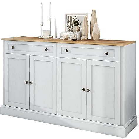 HAINEW Moderner Sideboard mit 4 Türen und 2 Schubladen, Holz Highboard Kommode Anrichte Schrank Buffetschrank für Esszimmer und Wohnzimmer, 150L x 40B x 86H cm (Weiß+Natur)