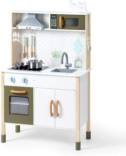 Robotime Set da cucina in legno per bambini, con luce e suono, con stoviglie, piano cottura e lavello, per ragazzi e ragazze dai 3 anni in su
