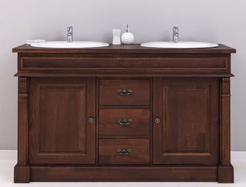 Casa Padrino Armadio del lavandino Doppio in Stile Country con 2 lavabi in Ceramica Marrone Scuro/Bianco 150 x 51 x A. 91 cm - Mobile da Bagno in Legno massello in Stile Country