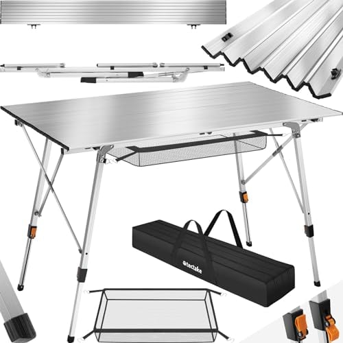 TecTake® Mesa Camping Plegable con Altura Ajustable, Mesa Auxiliar de Aluminio con Topes, Mesa Exterior para Jardín, Terraza, Picnic, con Red Almacenamiento y Bolsa de Transporte, 120x70,5x79 - Plata